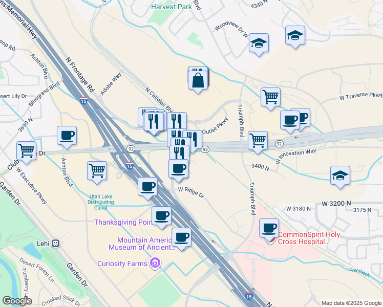 map of restaurants, bars, coffee shops, grocery stores, and more near 2190 Stockton Lane in Lehi