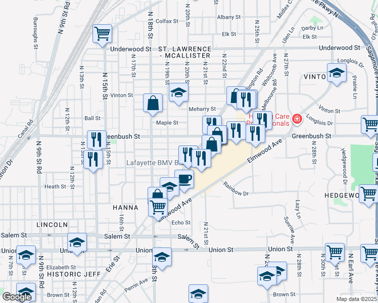 map of restaurants, bars, coffee shops, grocery stores, and more near 1943 Morton Street in Lafayette