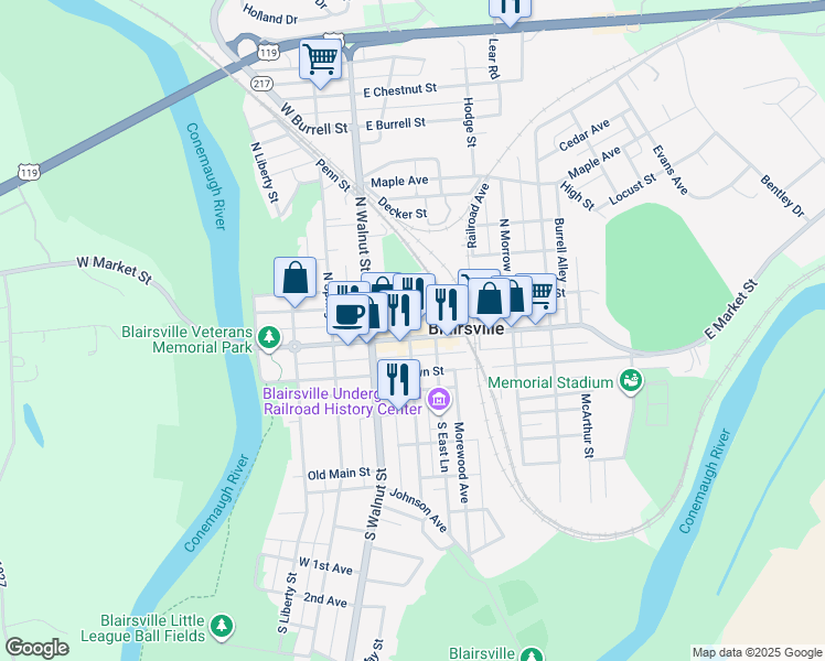 map of restaurants, bars, coffee shops, grocery stores, and more near 103 East Market Street in Blairsville