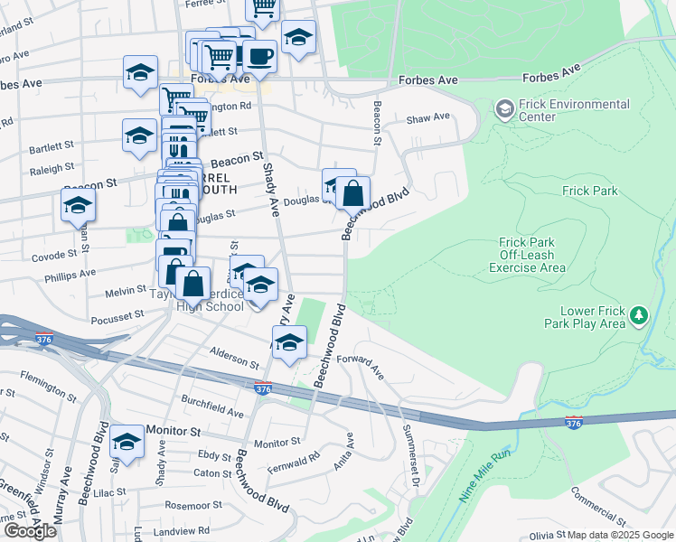 map of restaurants, bars, coffee shops, grocery stores, and more near 2444 Beechwood Boulevard in Pittsburgh