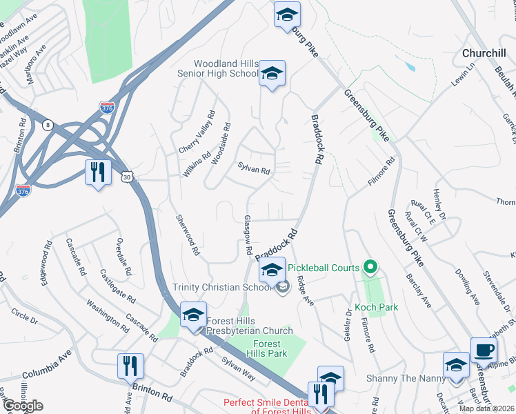 map of restaurants, bars, coffee shops, grocery stores, and more near 218 Glasgow Road in Pittsburgh