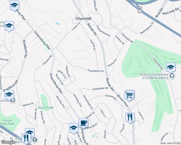 map of restaurants, bars, coffee shops, grocery stores, and more near 137 Thornberry Drive in Penn Hills