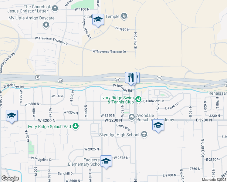 map of restaurants, bars, coffee shops, grocery stores, and more near 3452 North 200 West Street in Lehi