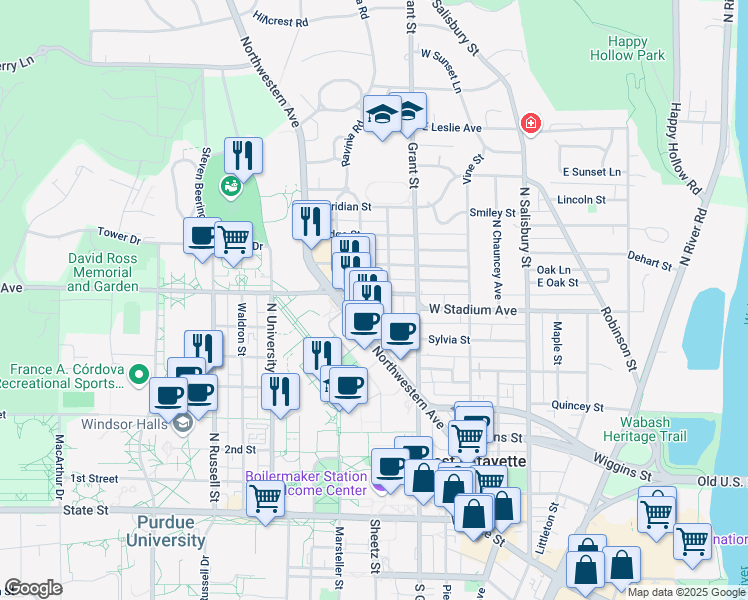 map of restaurants, bars, coffee shops, grocery stores, and more near 605 West Stadium Avenue in West Lafayette