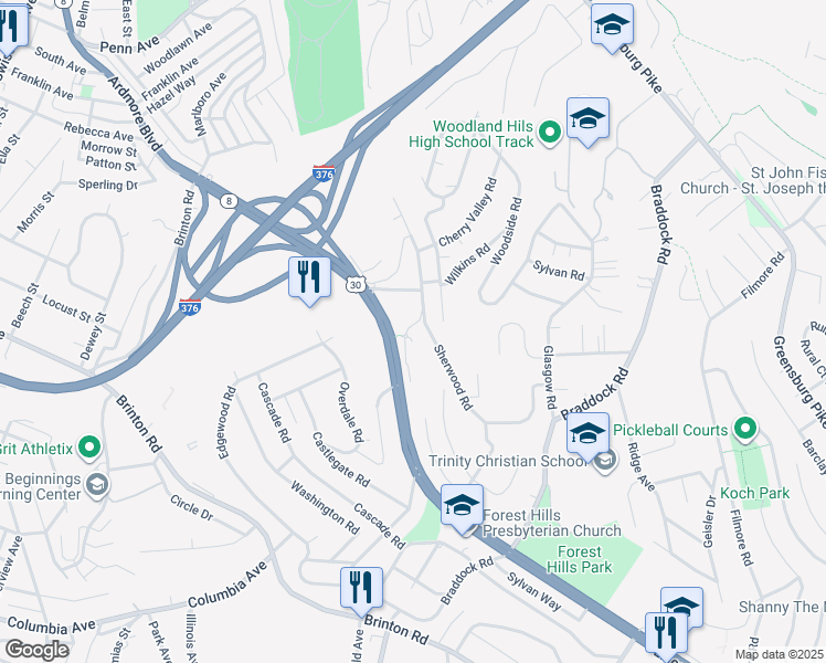 map of restaurants, bars, coffee shops, grocery stores, and more near 105 Fall Run Road in Pittsburgh