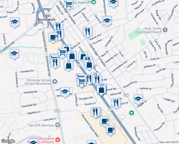map of restaurants, bars, coffee shops, grocery stores, and more near 690 New Jersey 18 in East Brunswick