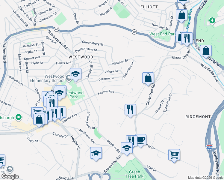 map of restaurants, bars, coffee shops, grocery stores, and more near 543 Kearns Avenue in Pittsburgh