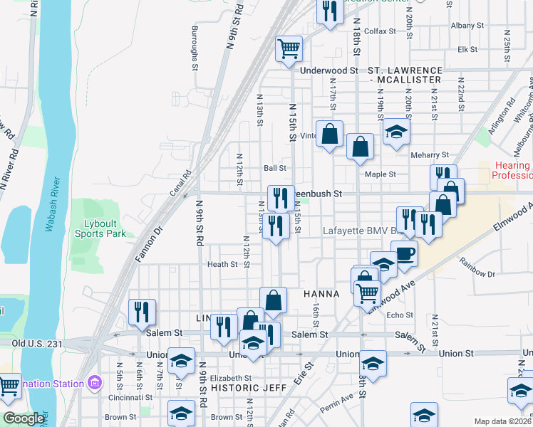 map of restaurants, bars, coffee shops, grocery stores, and more near 1303 Morton Street in Lafayette