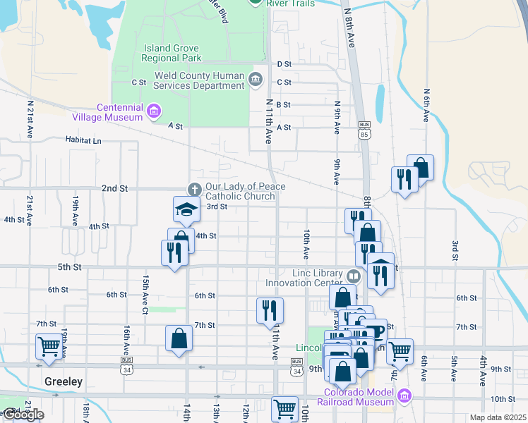 map of restaurants, bars, coffee shops, grocery stores, and more near 1126 3rd Street in Greeley