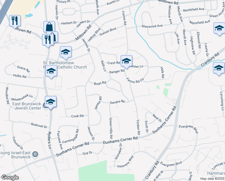 map of restaurants, bars, coffee shops, grocery stores, and more near 7 Apple Manor Lane in East Brunswick