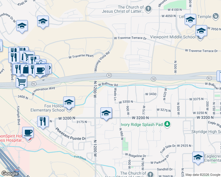 map of restaurants, bars, coffee shops, grocery stores, and more near 3468 North 1090 West in Lehi