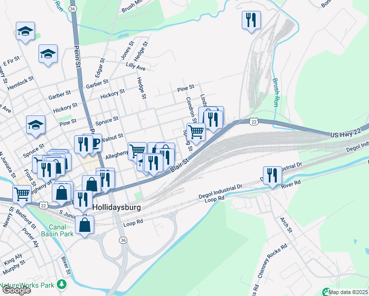 map of restaurants, bars, coffee shops, grocery stores, and more near 1211 Blair Street in Hollidaysburg