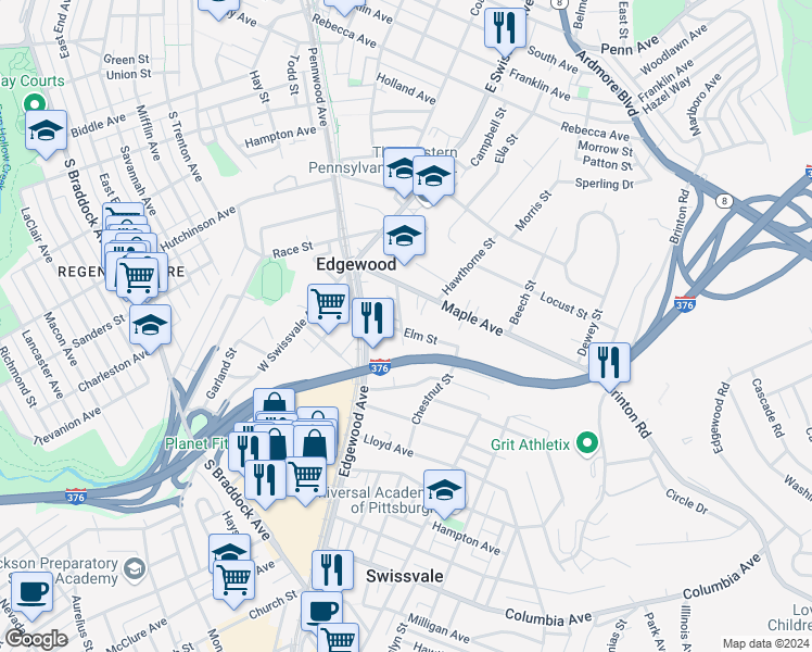 map of restaurants, bars, coffee shops, grocery stores, and more near 207 Elm Street in Swissvale