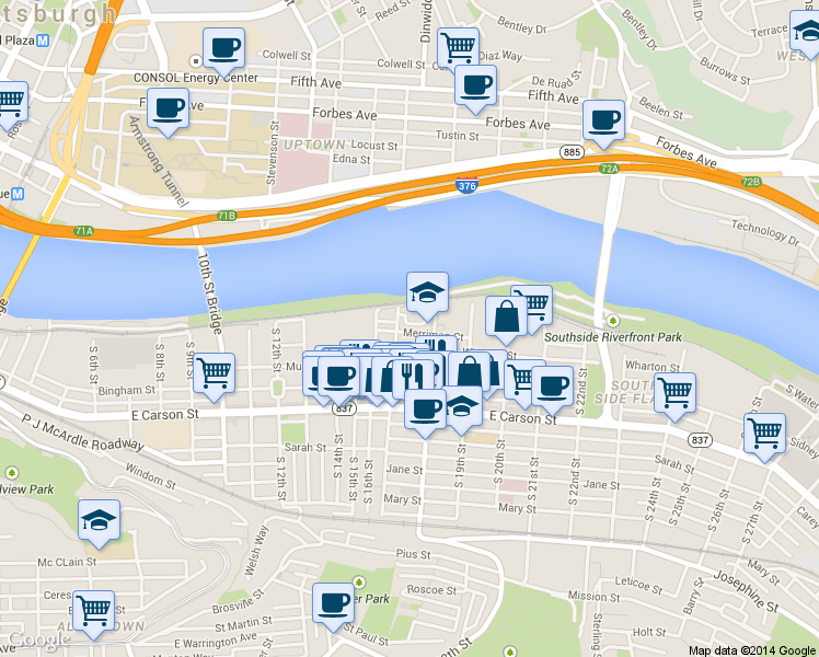 map of restaurants, bars, coffee shops, grocery stores, and more near 31 South 17th Street in Pittsburgh