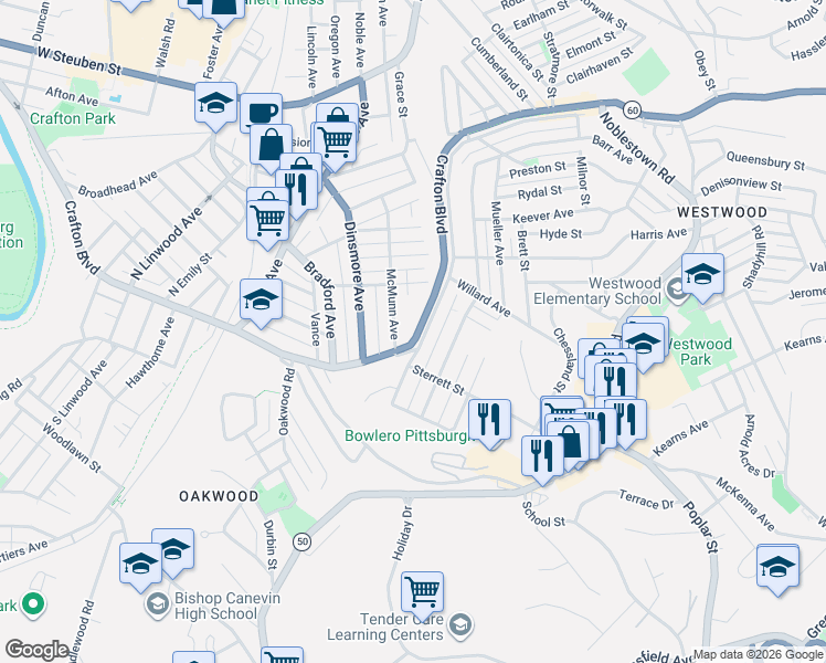map of restaurants, bars, coffee shops, grocery stores, and more near 1672 Crafton Boulevard in Pittsburgh