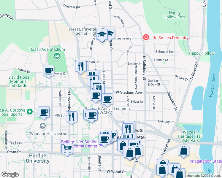map of restaurants, bars, coffee shops, grocery stores, and more near 348 West Stadium Avenue in West Lafayette