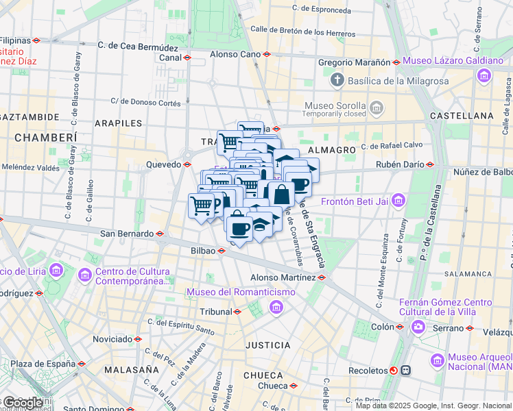 map of restaurants, bars, coffee shops, grocery stores, and more near 23 Calle de Luchana in Madrid