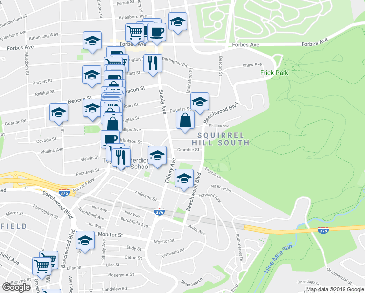 map of restaurants, bars, coffee shops, grocery stores, and more near 6321 Crombie Street in Pittsburgh