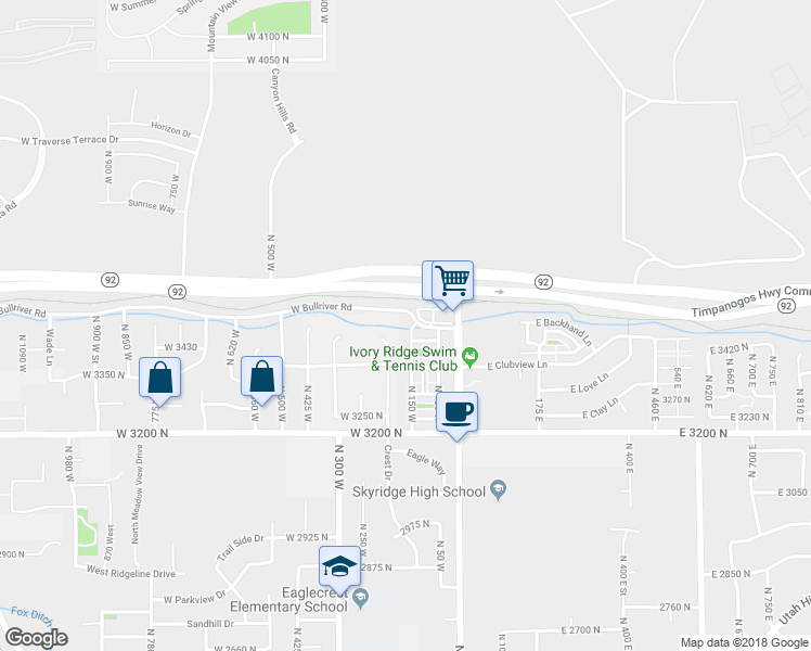 map of restaurants, bars, coffee shops, grocery stores, and more near 3465 North 150 West in Lehi