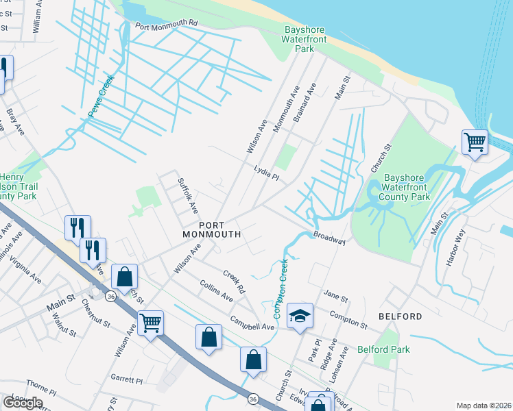map of restaurants, bars, coffee shops, grocery stores, and more near 100 Main Street in Port Monmouth