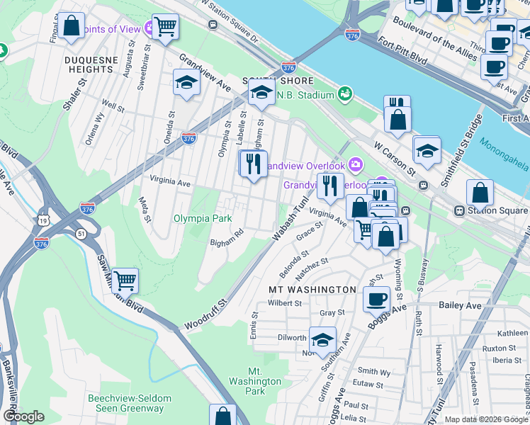 map of restaurants, bars, coffee shops, grocery stores, and more near 327 Amabell Street in Pittsburgh