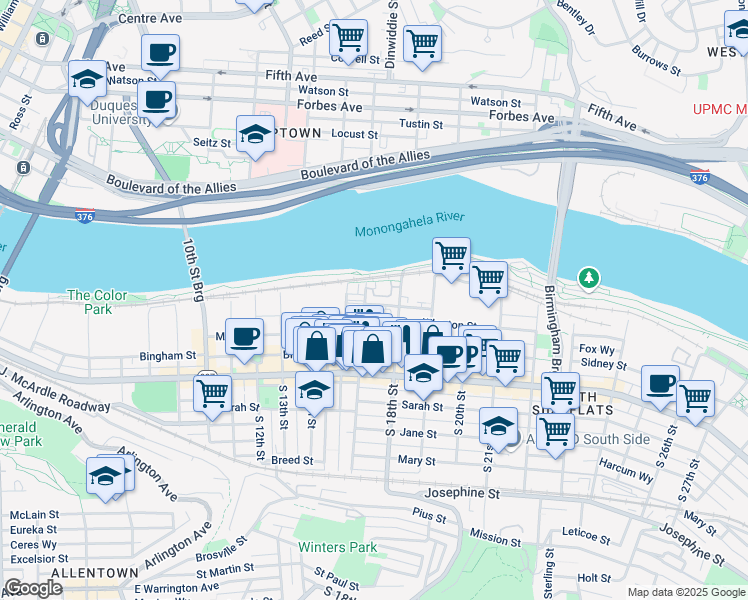 map of restaurants, bars, coffee shops, grocery stores, and more near 31 South 17th Street in Pittsburgh