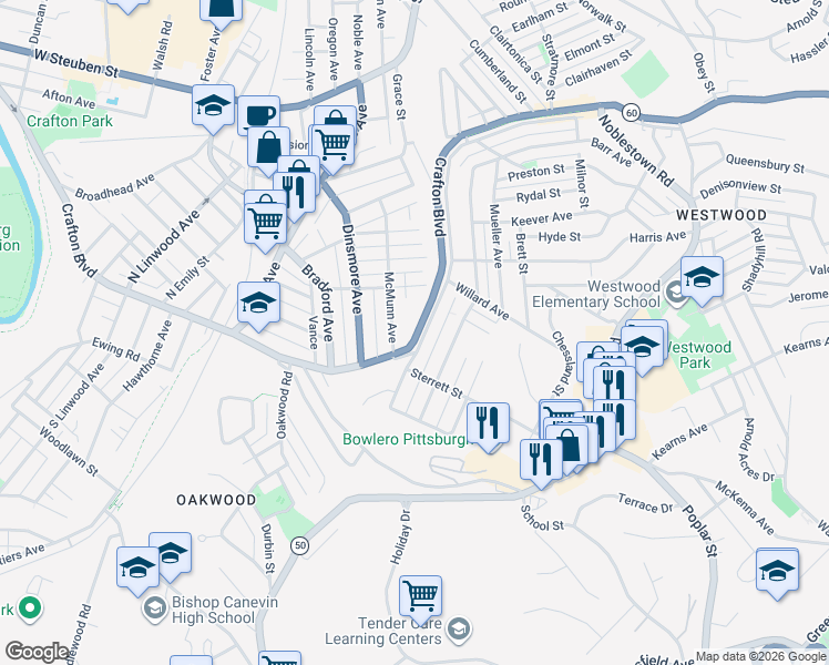 map of restaurants, bars, coffee shops, grocery stores, and more near 1672 Crafton Boulevard in Pittsburgh