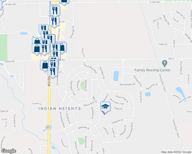 map of restaurants, bars, coffee shops, grocery stores, and more near 5015 Council Ring Boulevard in Kokomo