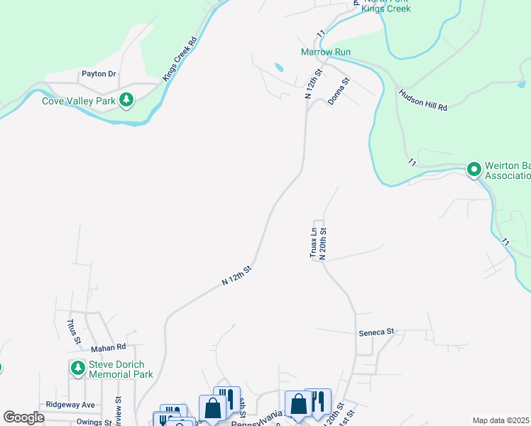 map of restaurants, bars, coffee shops, grocery stores, and more near 375 North 12th Street in Weirton