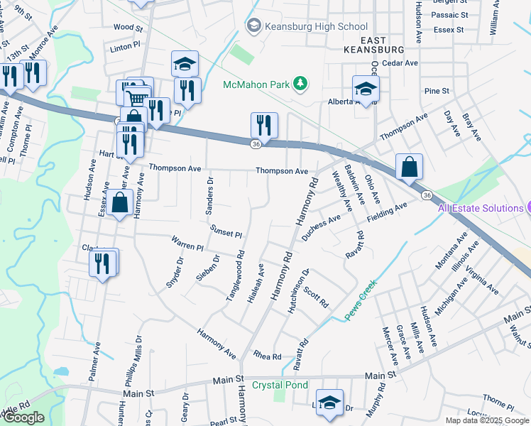 map of restaurants, bars, coffee shops, grocery stores, and more near 38 Tanglewood Road in Monmouth County