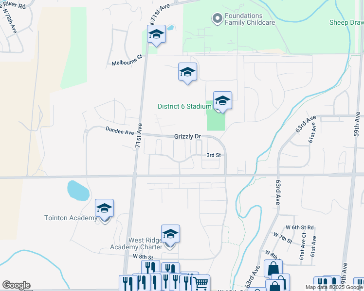 map of restaurants, bars, coffee shops, grocery stores, and more near 6607 West 3rd Street in Greeley