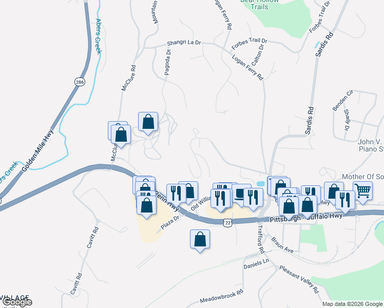 map of restaurants, bars, coffee shops, grocery stores, and more near 339 Nature Trail Lane in Murrysville