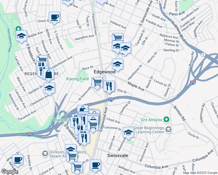 map of restaurants, bars, coffee shops, grocery stores, and more near 102 Elm Street in Pittsburgh