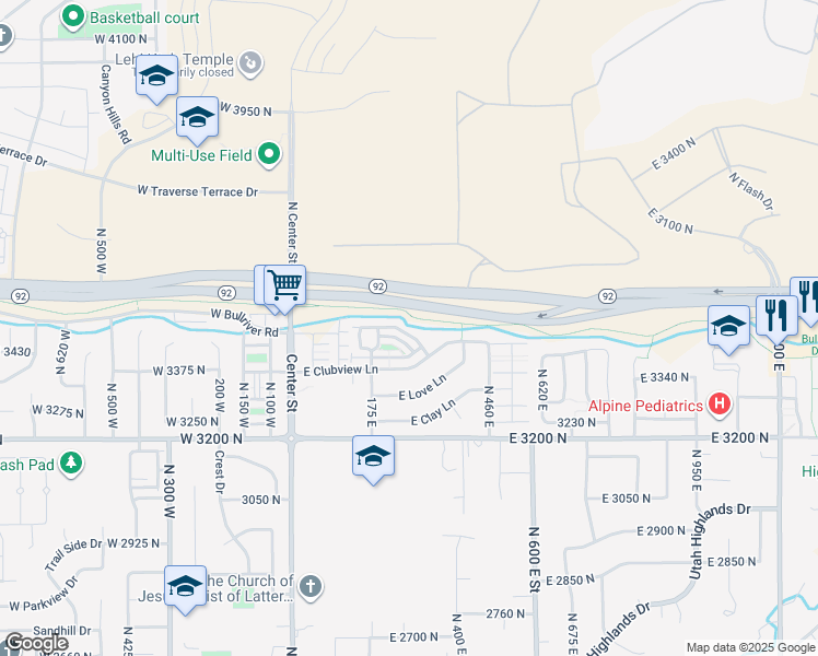 map of restaurants, bars, coffee shops, grocery stores, and more near 267 East Backhand Lane in Lehi