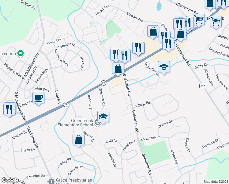 map of restaurants, bars, coffee shops, grocery stores, and more near 13 Promise way in South Brunswick Township