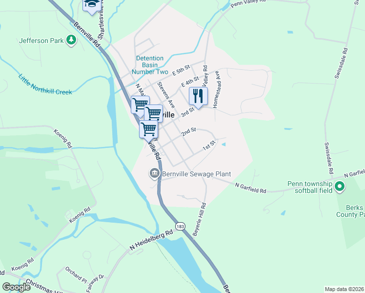 map of restaurants, bars, coffee shops, grocery stores, and more near 115 North Main Street in Bernville