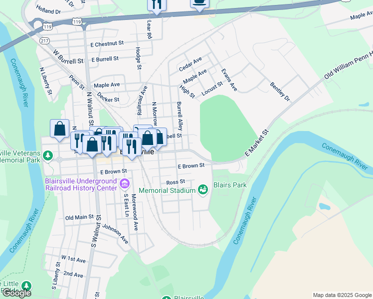 map of restaurants, bars, coffee shops, grocery stores, and more near 420 East Market Street in Blairsville