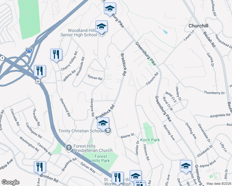 map of restaurants, bars, coffee shops, grocery stores, and more near 900 Braddock Road in Pittsburgh