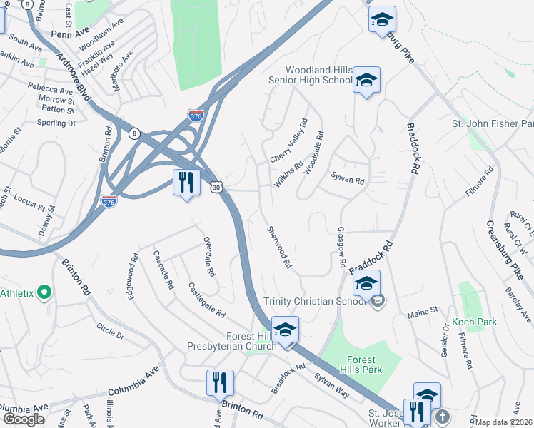 map of restaurants, bars, coffee shops, grocery stores, and more near 105 Fall Run Road in Pittsburgh