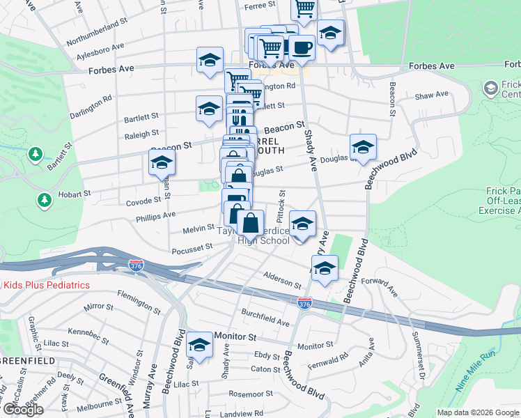 map of restaurants, bars, coffee shops, grocery stores, and more near 2310 Sherbrook Street in Pittsburgh