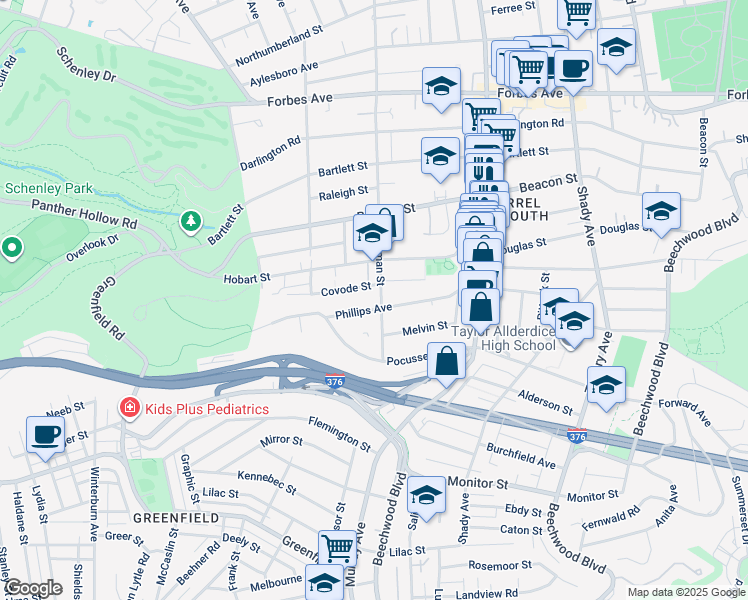 map of restaurants, bars, coffee shops, grocery stores, and more near 5556 Phillips Avenue in Pittsburgh