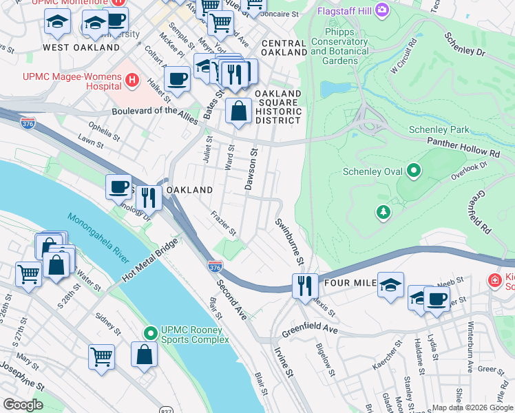 map of restaurants, bars, coffee shops, grocery stores, and more near 3255 Parkview Avenue in Pittsburgh