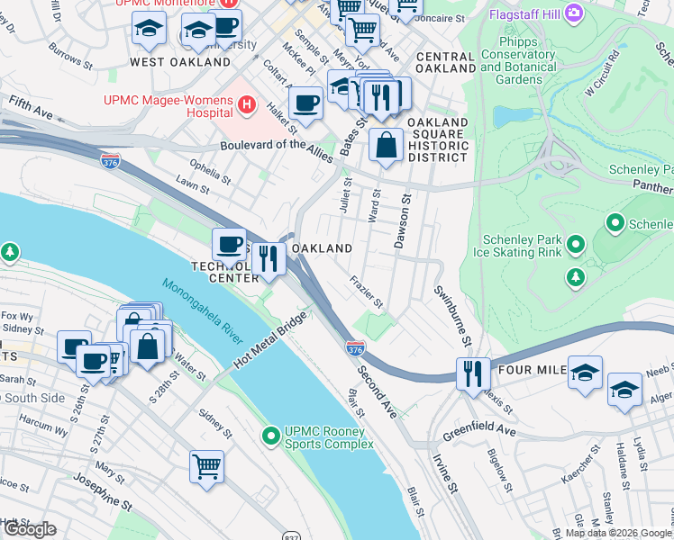 map of restaurants, bars, coffee shops, grocery stores, and more near 3524 Frazier Street in Pittsburgh