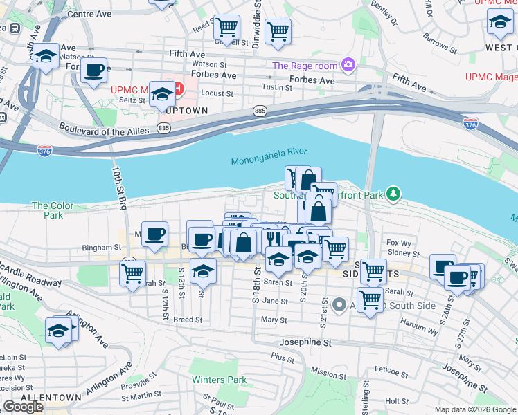 map of restaurants, bars, coffee shops, grocery stores, and more near 1815 Merriman Way in Pittsburgh