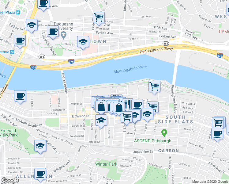 map of restaurants, bars, coffee shops, grocery stores, and more near 31 South 17th Street in Pittsburgh