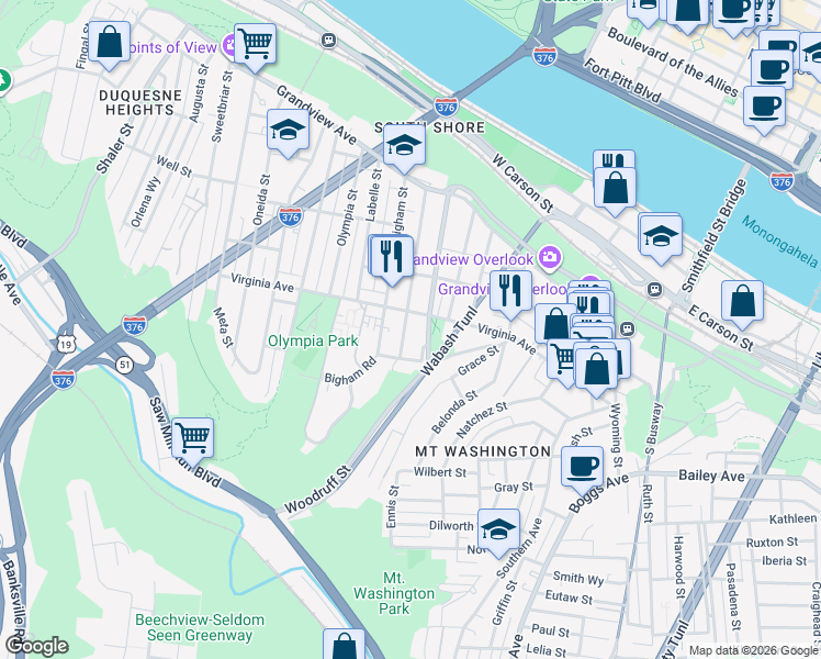 map of restaurants, bars, coffee shops, grocery stores, and more near 327 Amabell Street in Pittsburgh