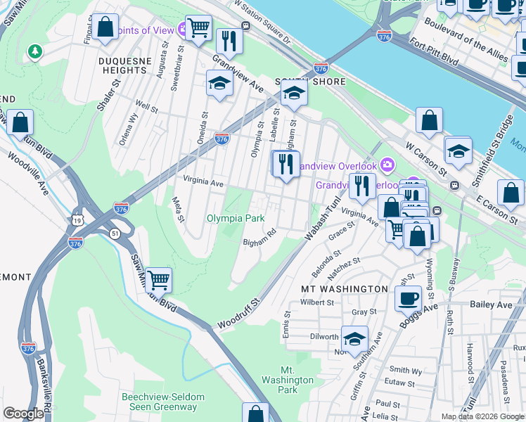 map of restaurants, bars, coffee shops, grocery stores, and more near 432 Bigham Street in Pittsburgh