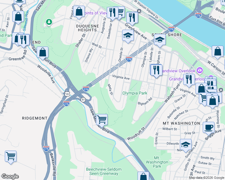map of restaurants, bars, coffee shops, grocery stores, and more near 5 Meta Street in Pittsburgh