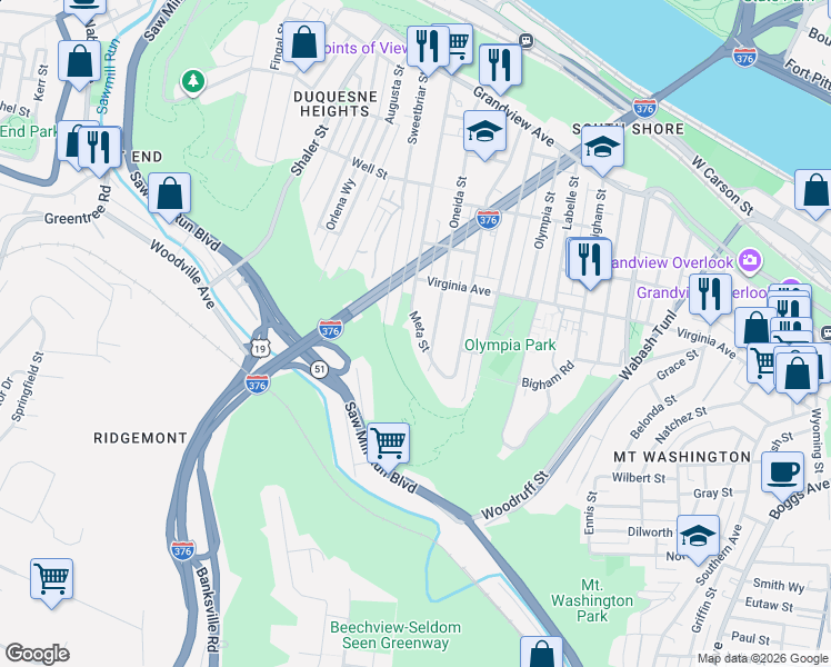 map of restaurants, bars, coffee shops, grocery stores, and more near 5 Meta Street in Pittsburgh