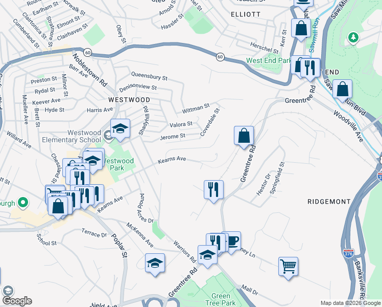map of restaurants, bars, coffee shops, grocery stores, and more near 543 Kearns Avenue in Pittsburgh